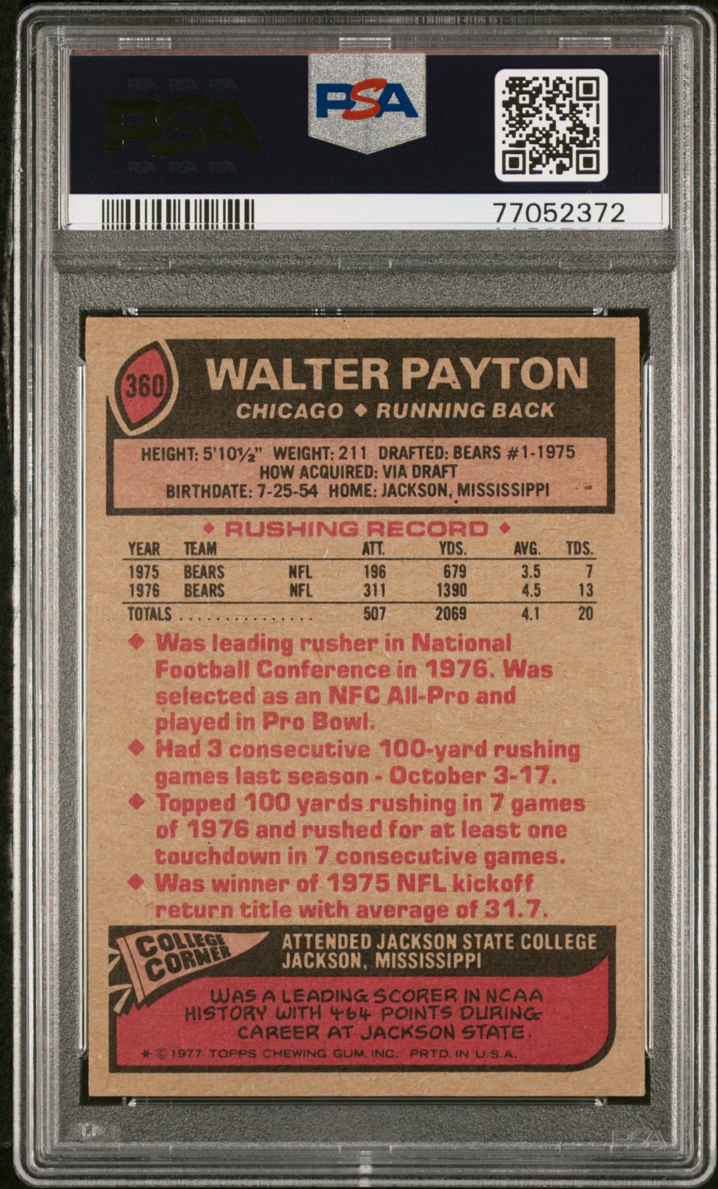1977 Topps Walter Payton #360 All Pro PSA 7