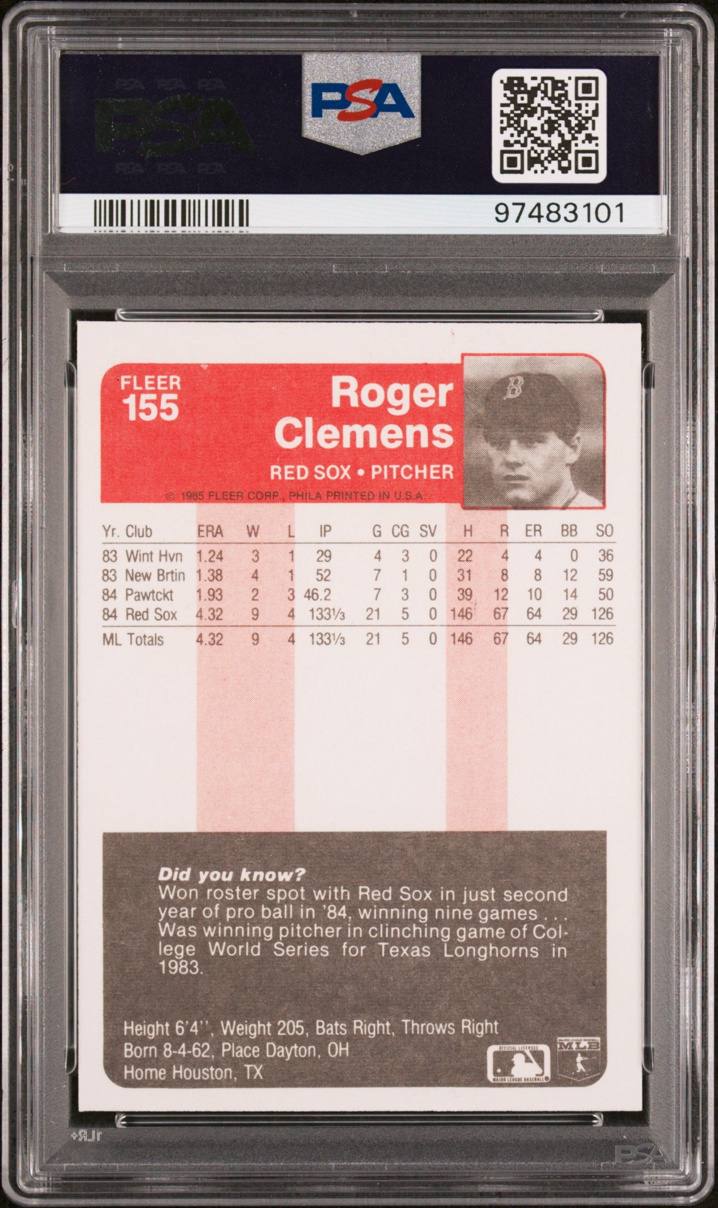1985 Fleer Roger Clemens #155 PSA 9