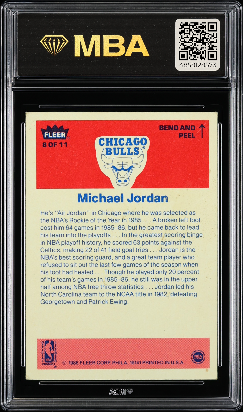 1986 Fleer Sticker Michael Jordan #8 MBA 2.5 RC