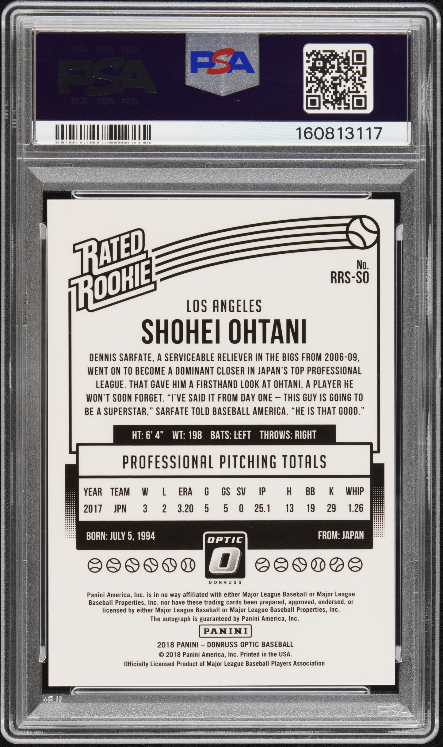 2018 Panini Donruss Optic Rated Rookie Signatures Shohei Ohtani #SO PSA 8