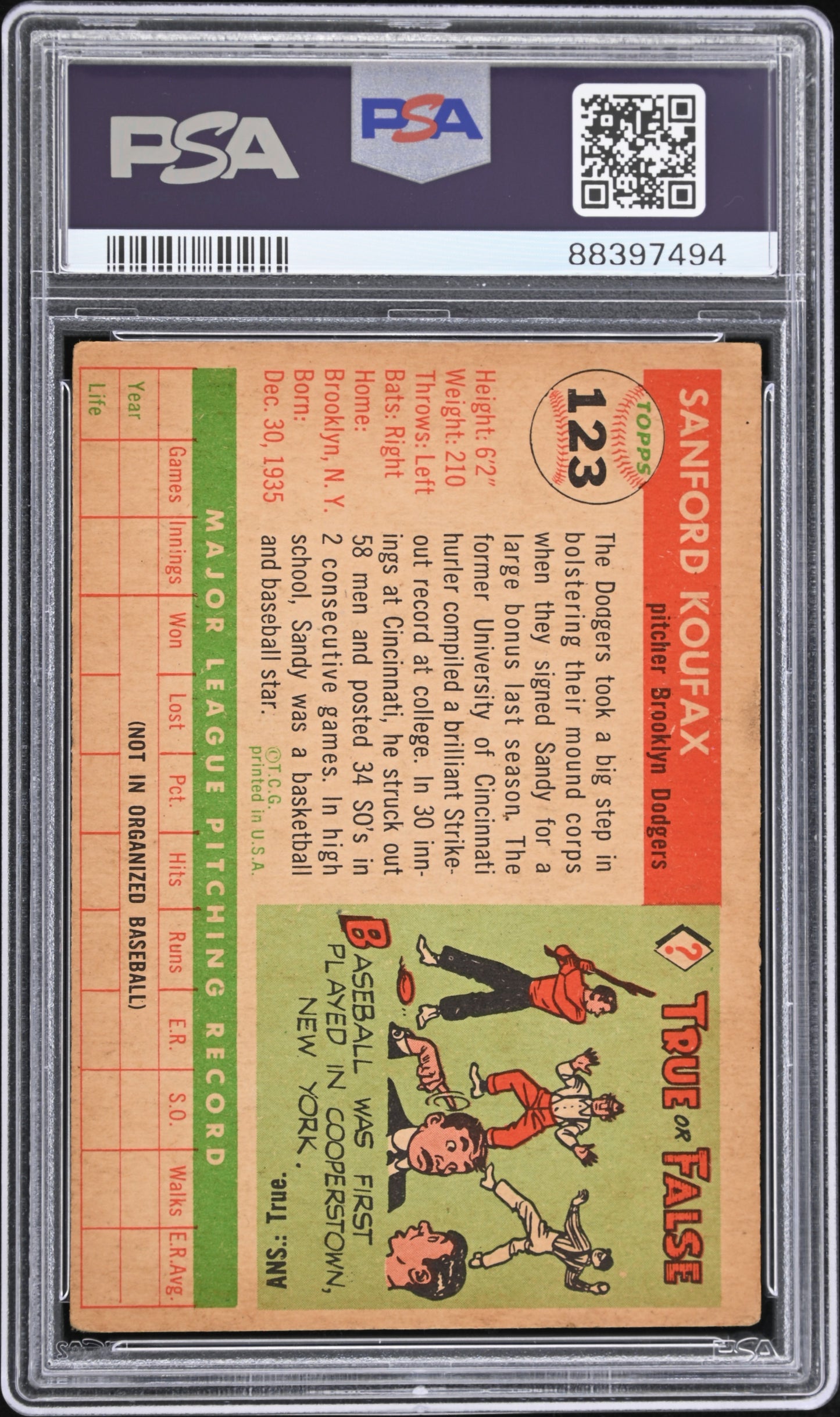 1955 Topps Sandy Koufax #123 PSA 3 Auto 9