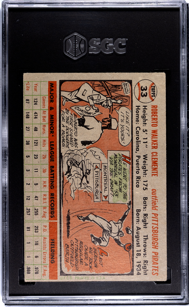 1956 Topps Roberto Clemente #33 Gray Back SGC 3