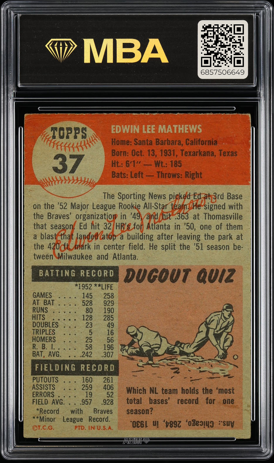 1953 Topps Ed Mathews #37 MBA 2
