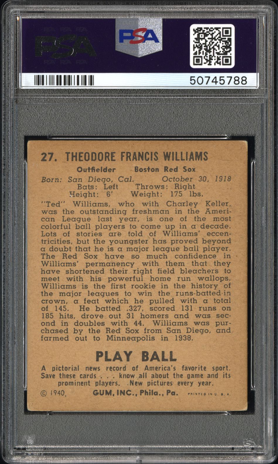 1940 Play Ball Ted Williams #27 PSA 3.5