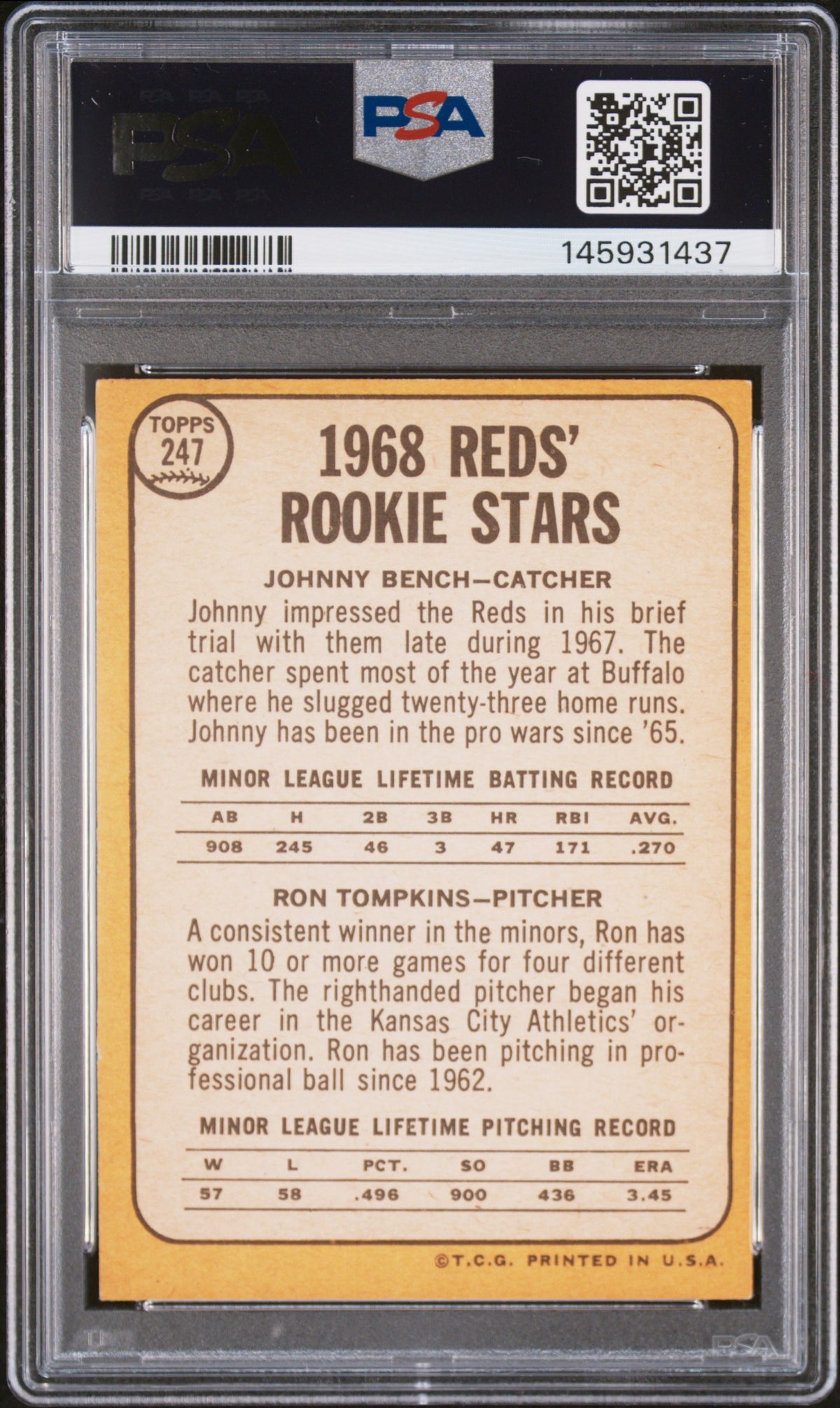1968 Topps Reds Rookies #247 J. Bench R. Tompkins PSA 6