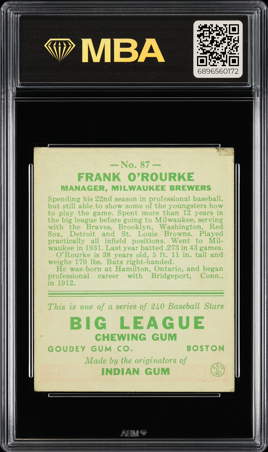 1933 Goudey Frank O'Rourke #87 MBA 3