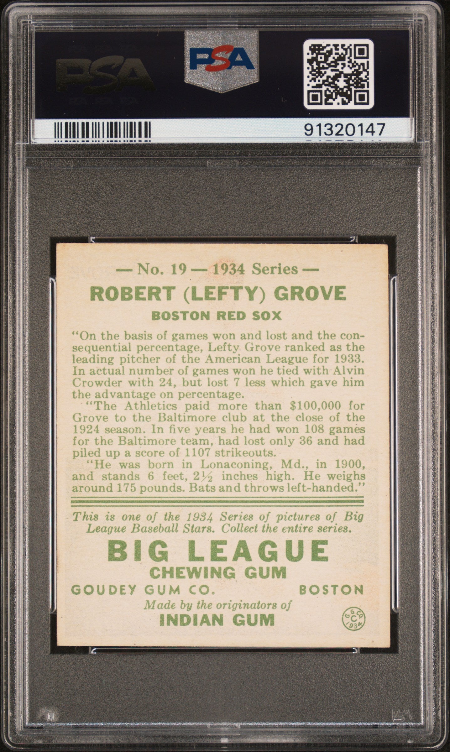 1934 Goudey Lefty Grove #19 PSA 5