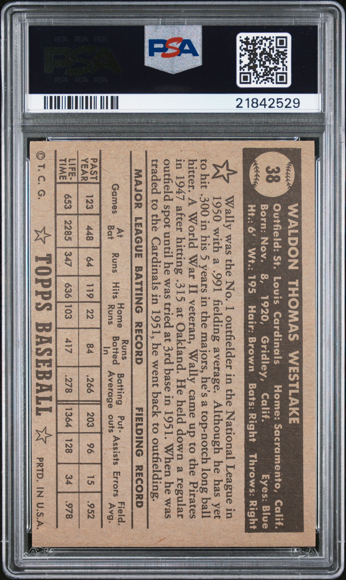 1952 Topps Wally Westlake #38 Black Back PSA 7