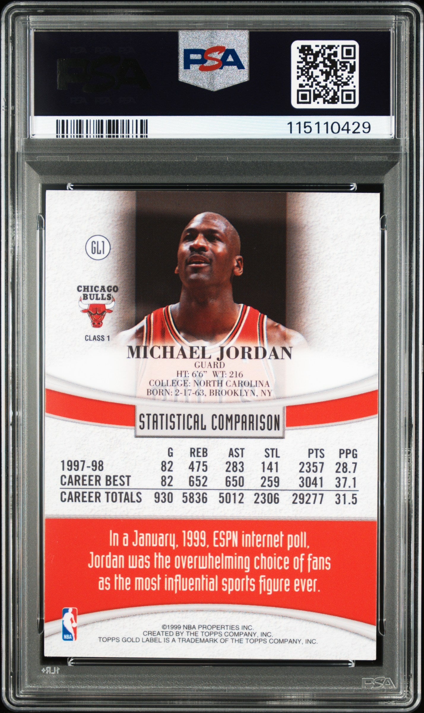 1998 Topps Gold Label Michael Jordan #GL1 PSA 9