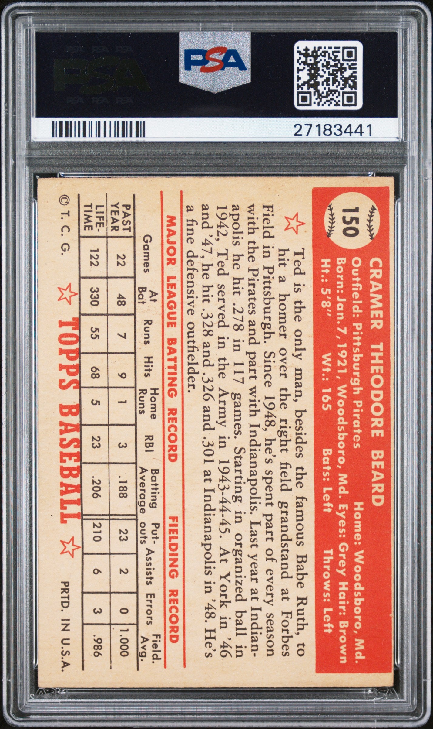 1952 Topps Ted Beard #150 PSA 7