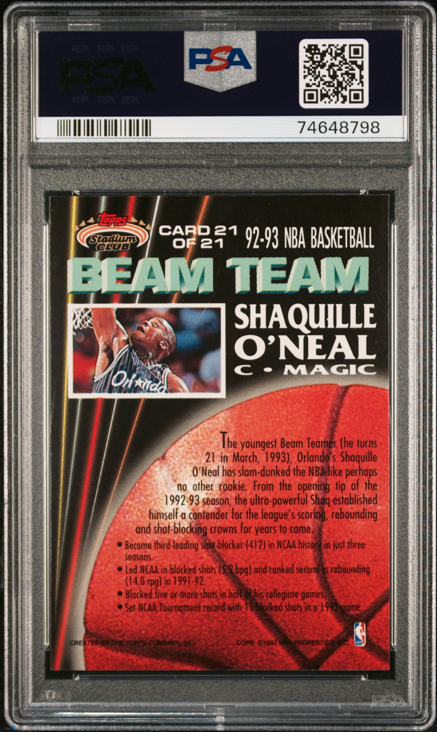 1992 Stadium Club Beam Team Shaquille O'Neal #21 PSA 8
