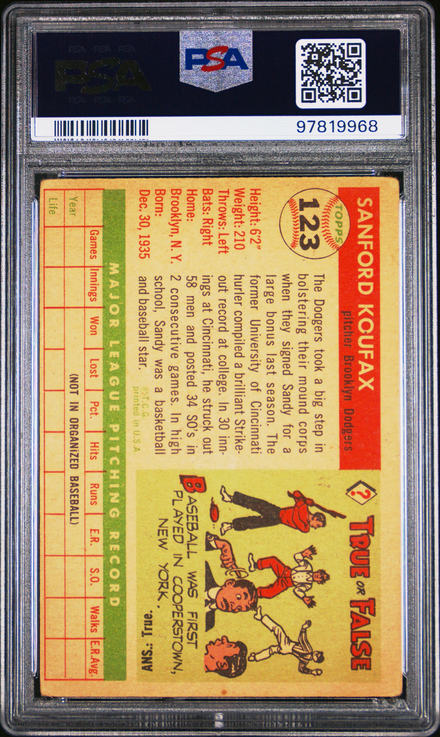 1955 Topps Sandy Koufax #123 PSA 2