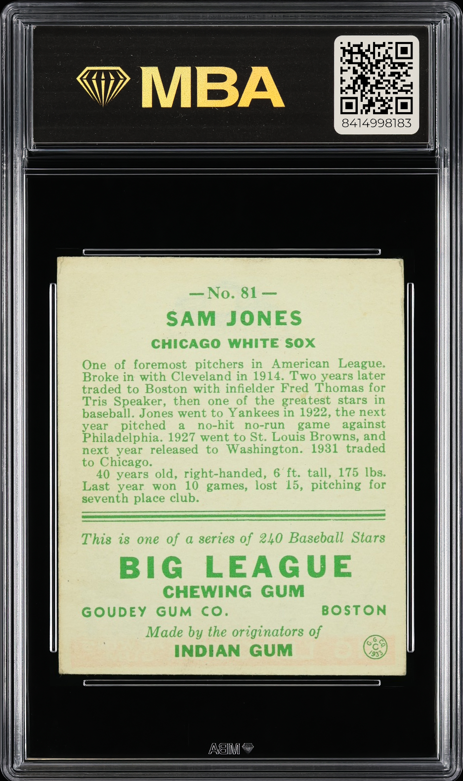 1933 Goudey Sam Jones #81 MBA 4.5 MBA Silver