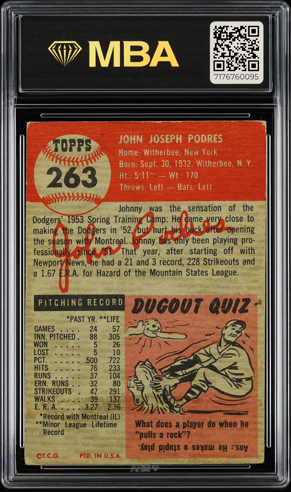 1953 Topps Johnny Podres #263 Short Print MBA 2
