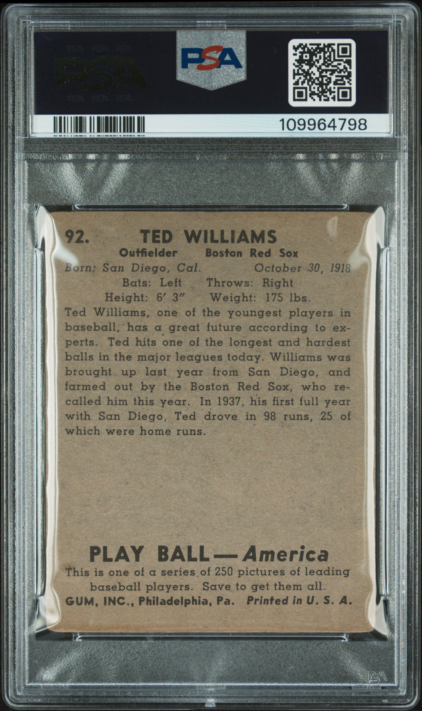 1939 Play Ball Ted Williams #92 PSA 2