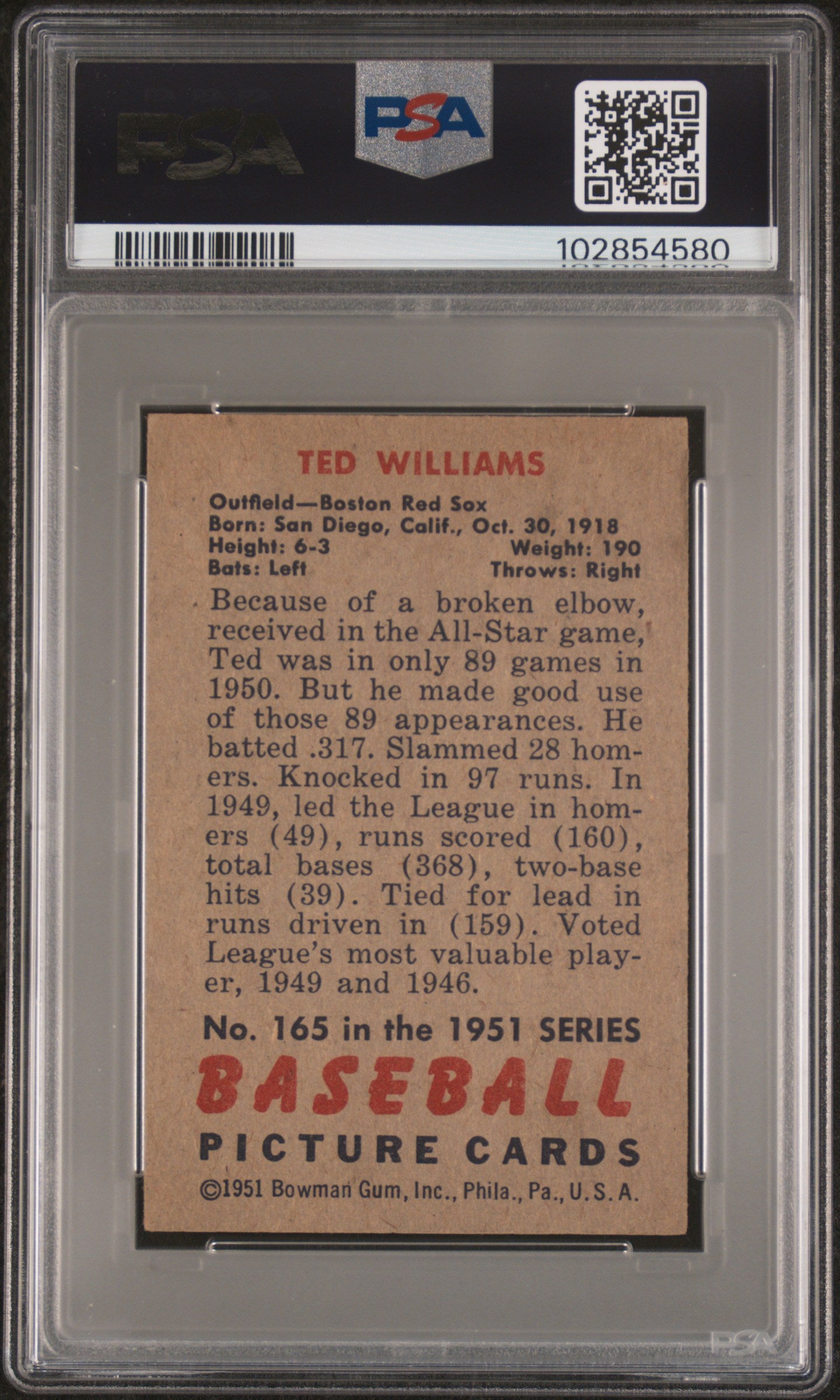 1951 Bowman Ted Williams #165 PSA 4