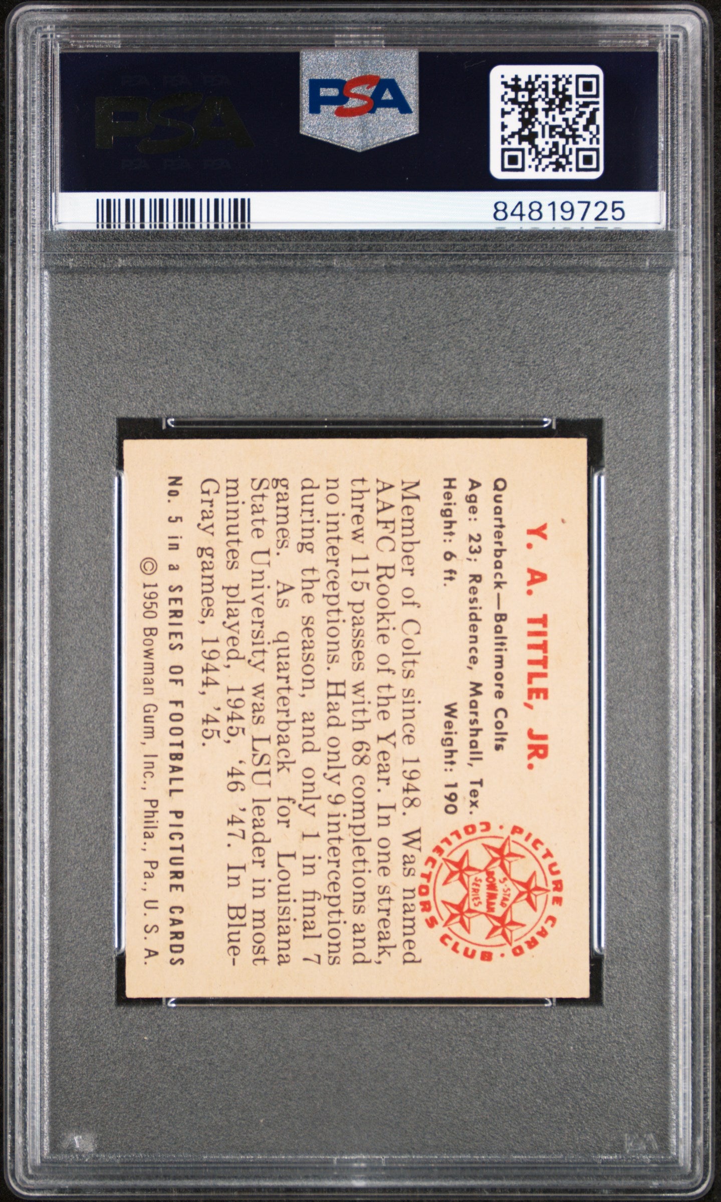 1950 Bowman Y. A. Tittle #5 PSA 8