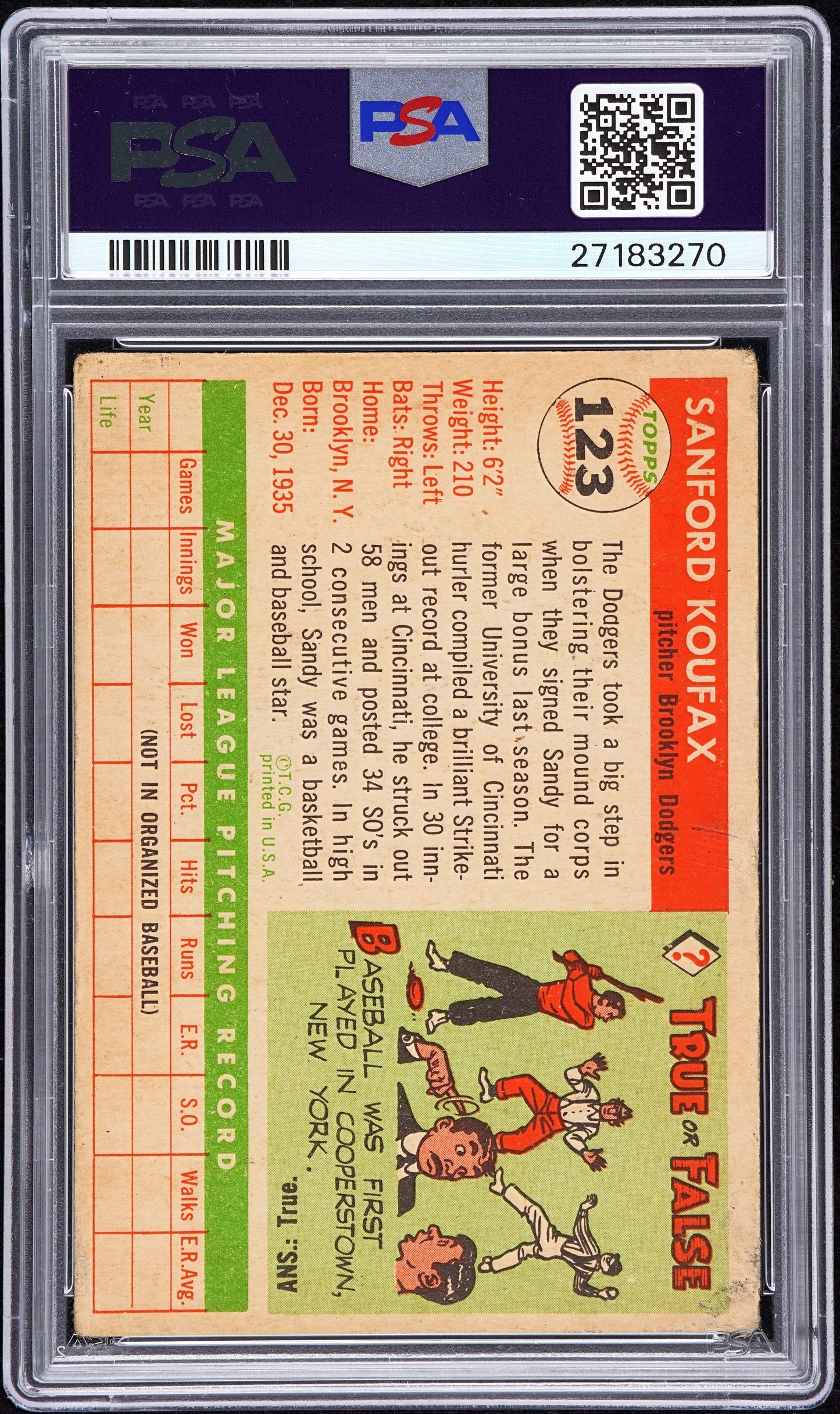 1955 Topps Sandy Koufax #123 PSA 1 Auto 10