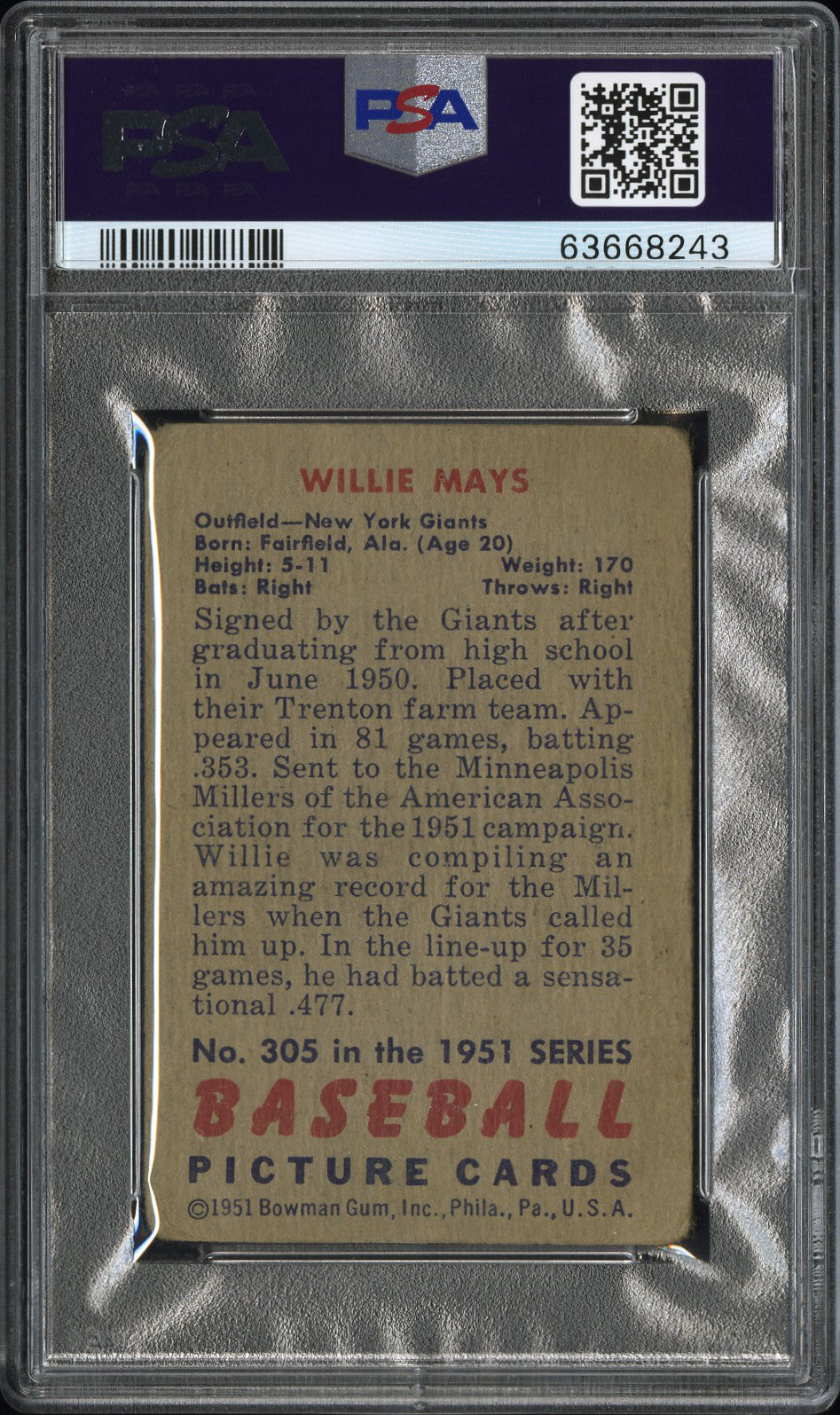1951 Bowman Willie Mays #305 PSA 1