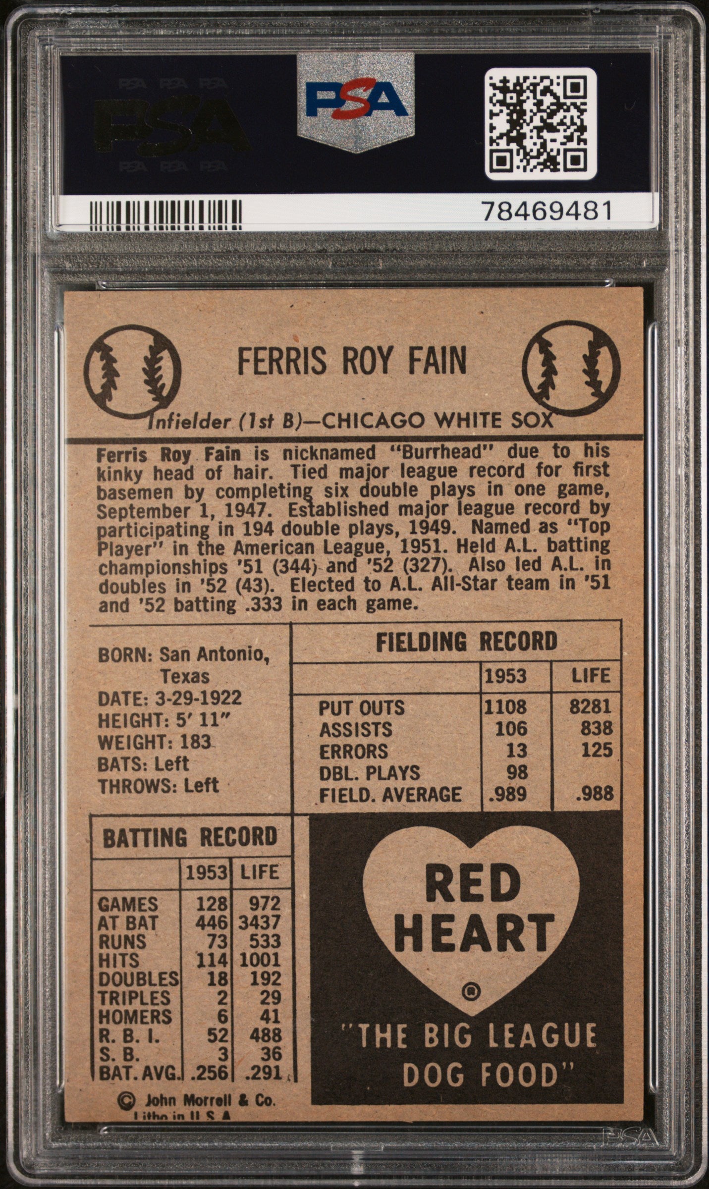 1954 Red Heart Ferris Fain PSA 5 MC