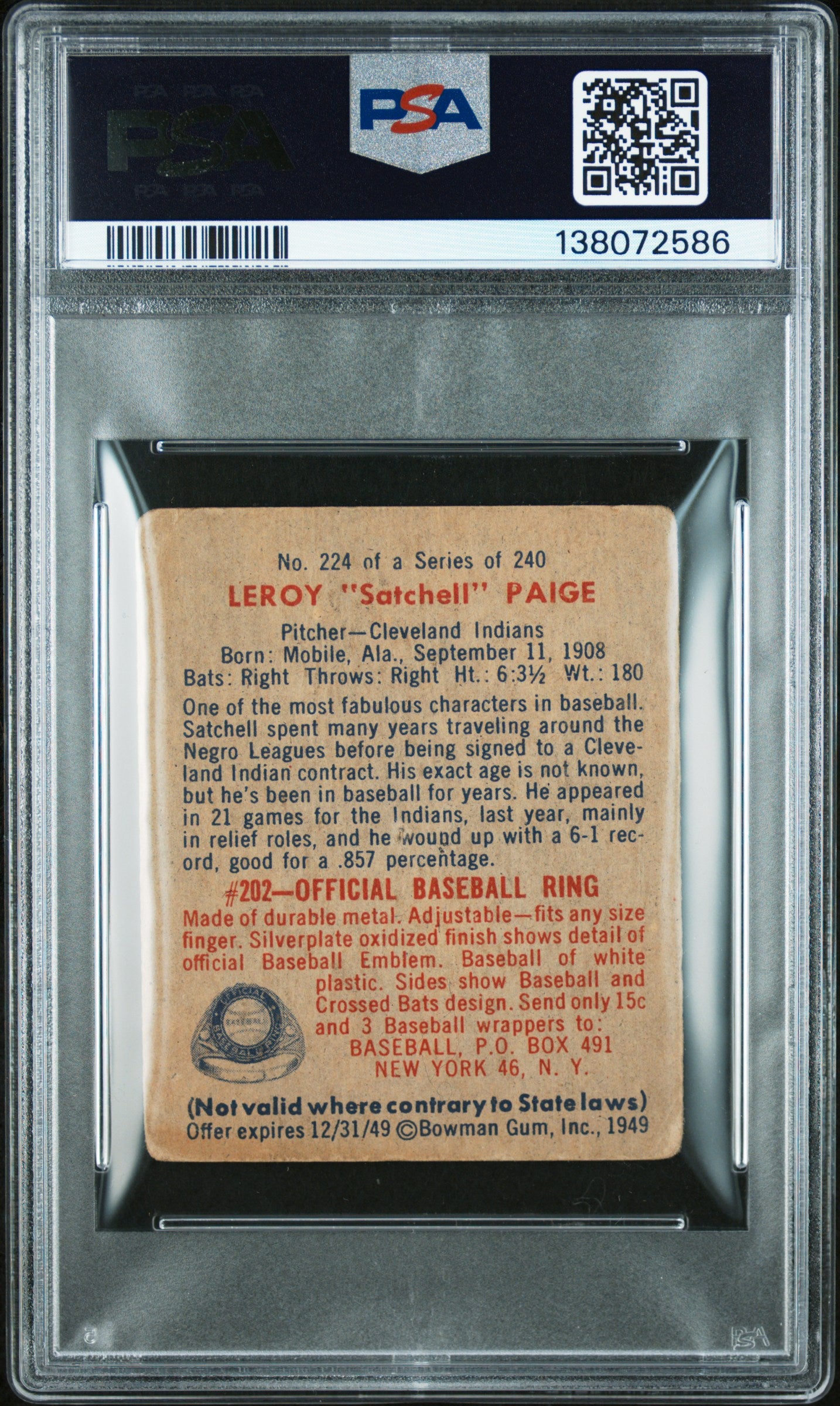 1949 Bowman Satchell Paige #224 PSA 1