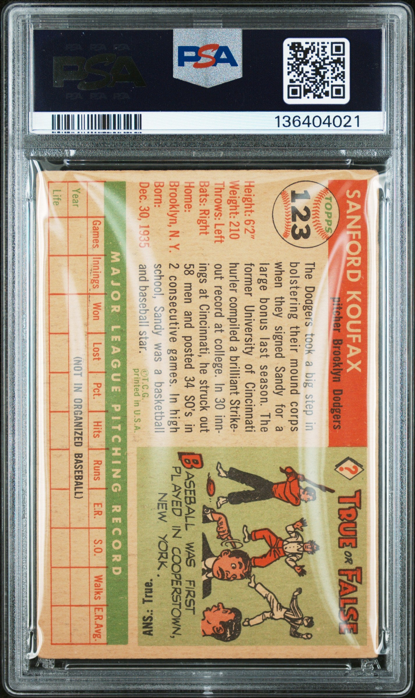 1955 Topps Sandy Koufax #123 PSA 3 Auto 6