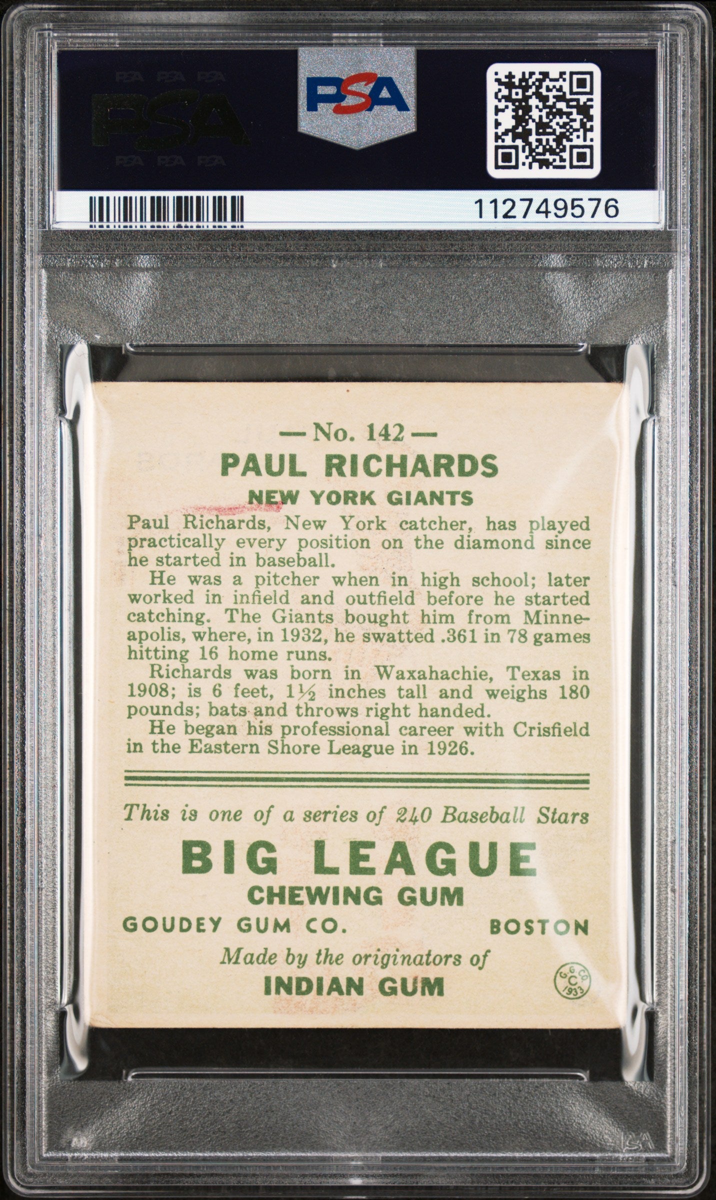 1933 Goudey Paul Richards #142 PSA 2 MK