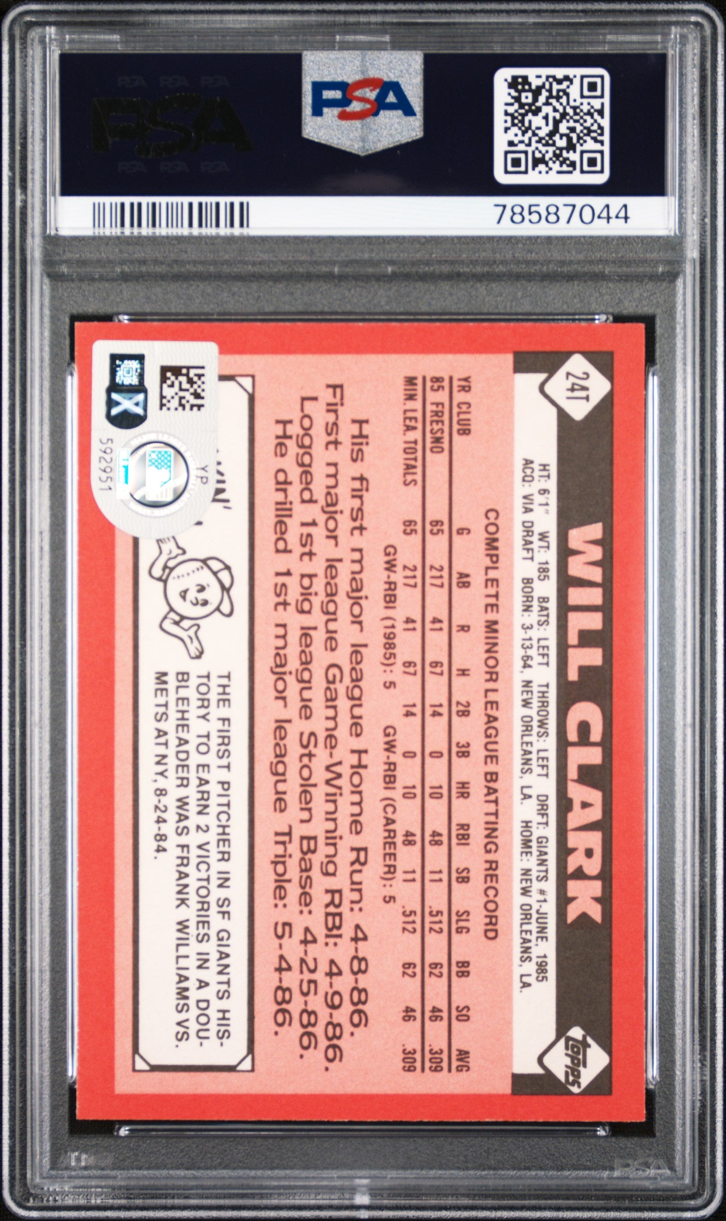 1986 Topps Traded Will Clark #24T PSA 9 Auto 10