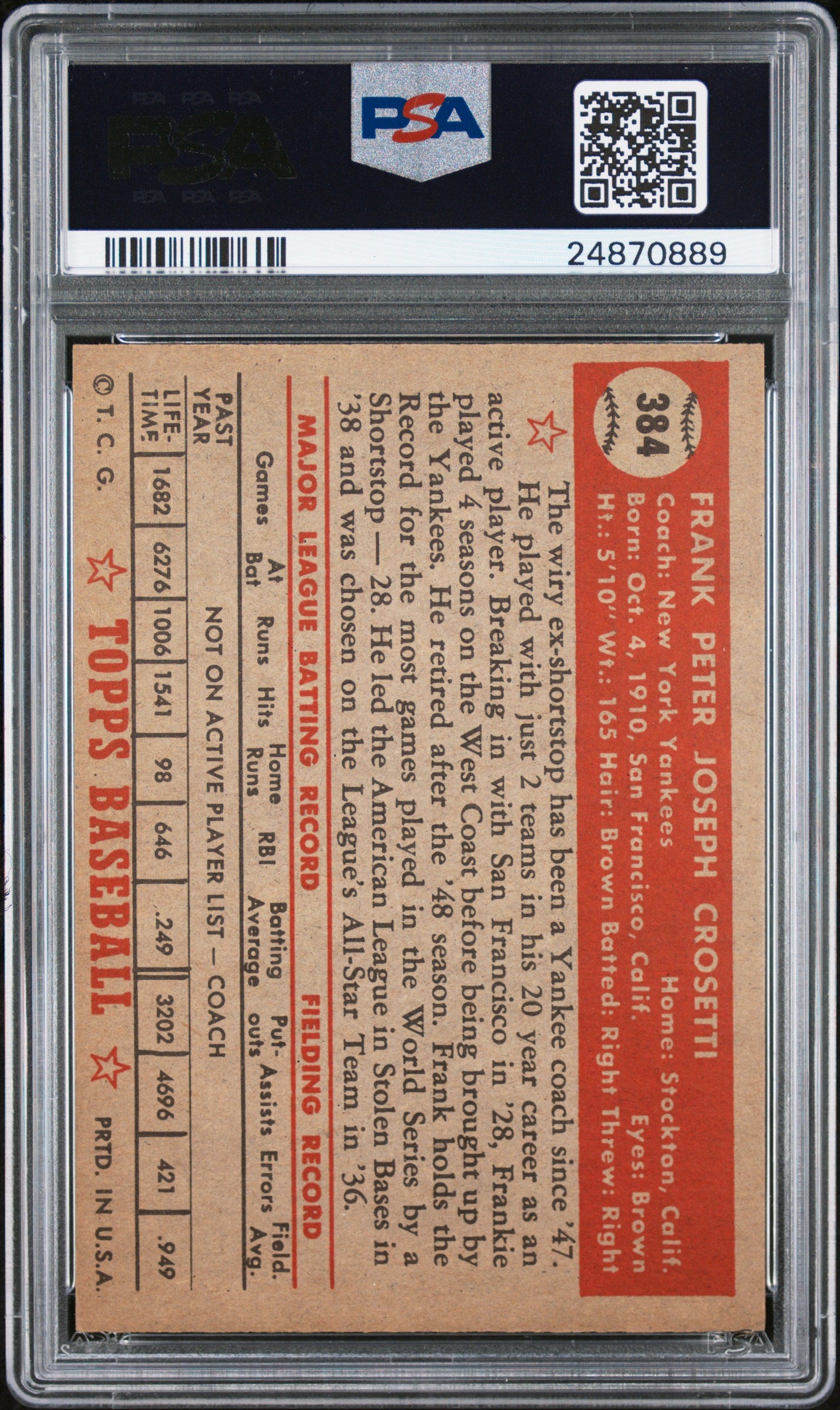 1952 Topps Frank Crosetti #384 PSA 8