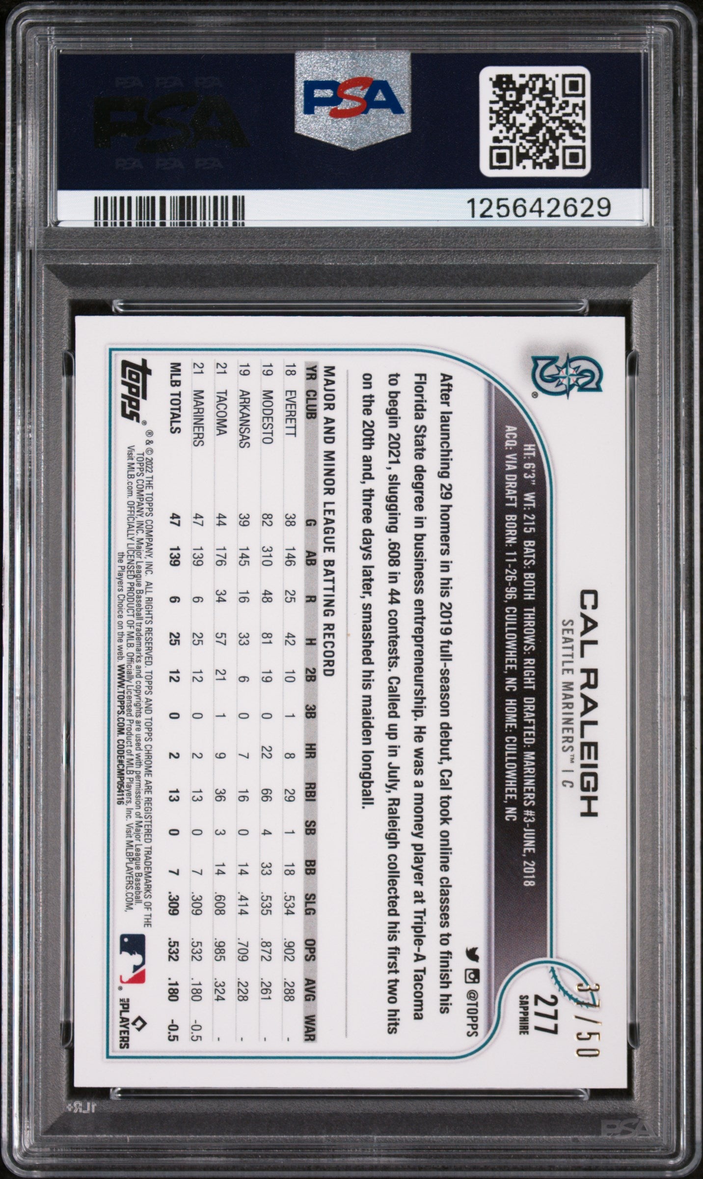 2022 Topps Chrome Sapphire Edition Cal Raleigh #277 Gold PSA 10