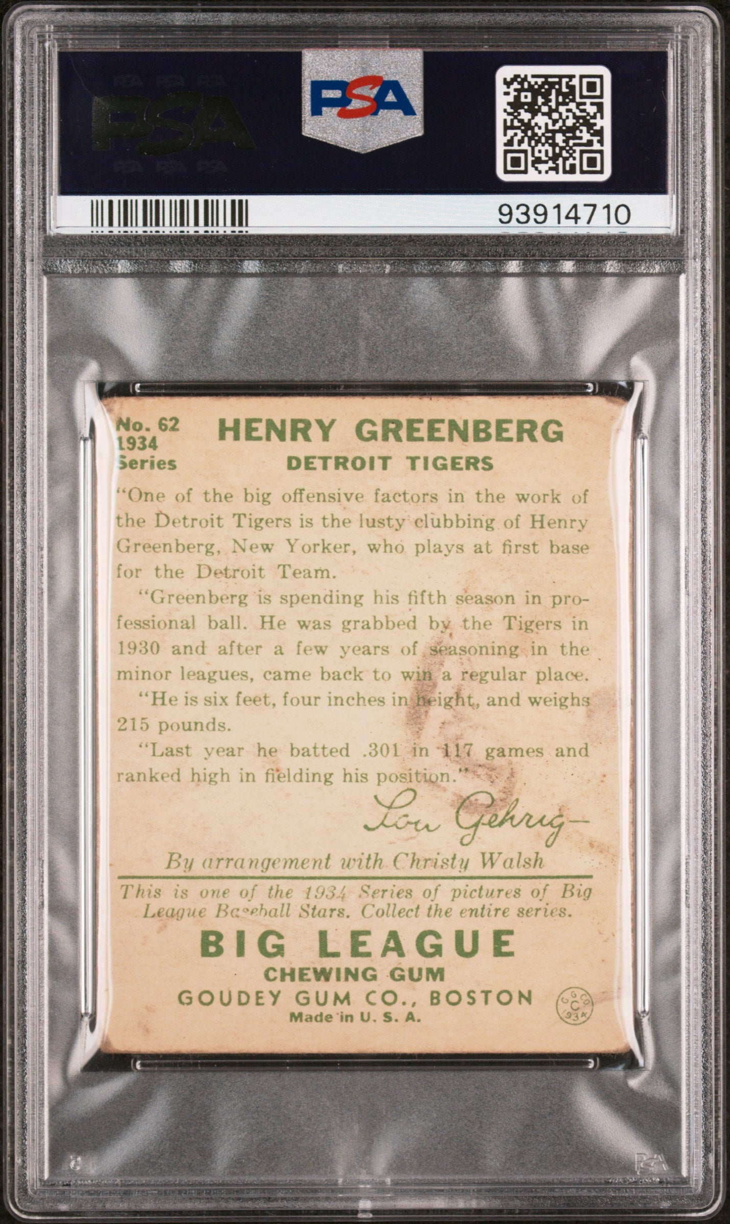 1934 Goudey Hank Greenberg #62 PSA 2