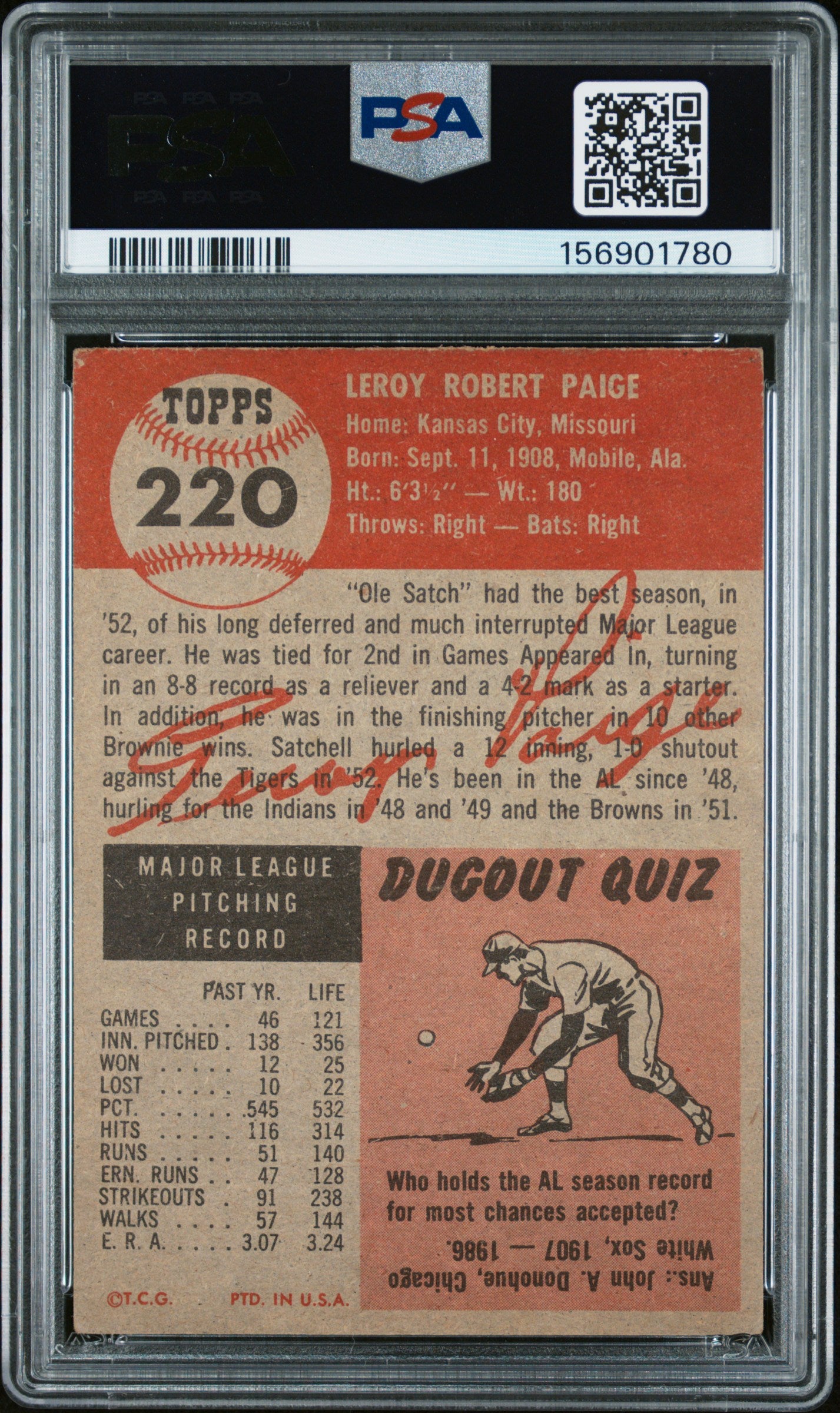 1953 Topps Satchell Paige #220 PSA 3