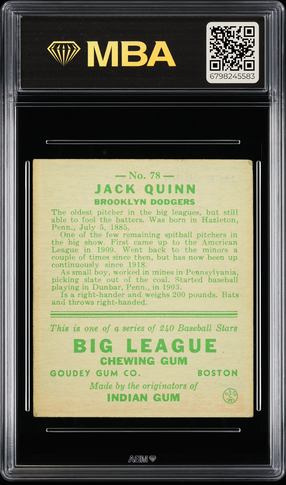 1933 Goudey Jack Quinn #78 MBA 3.5