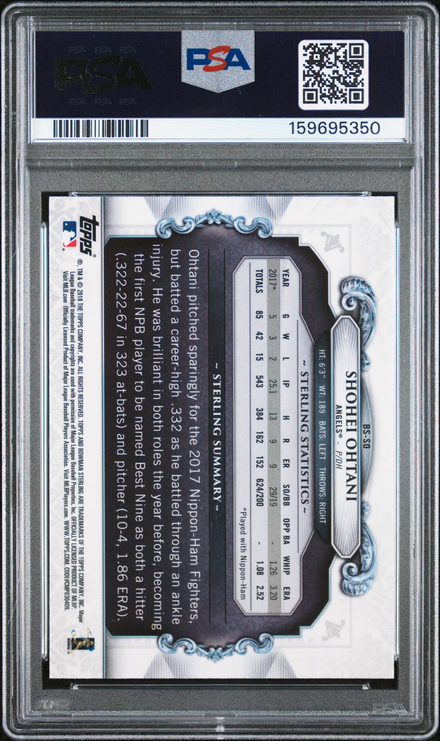 2018 Bowman Chrome Bowman Sterling Continuity Shohei Ohtani #BS-SO PSA 10