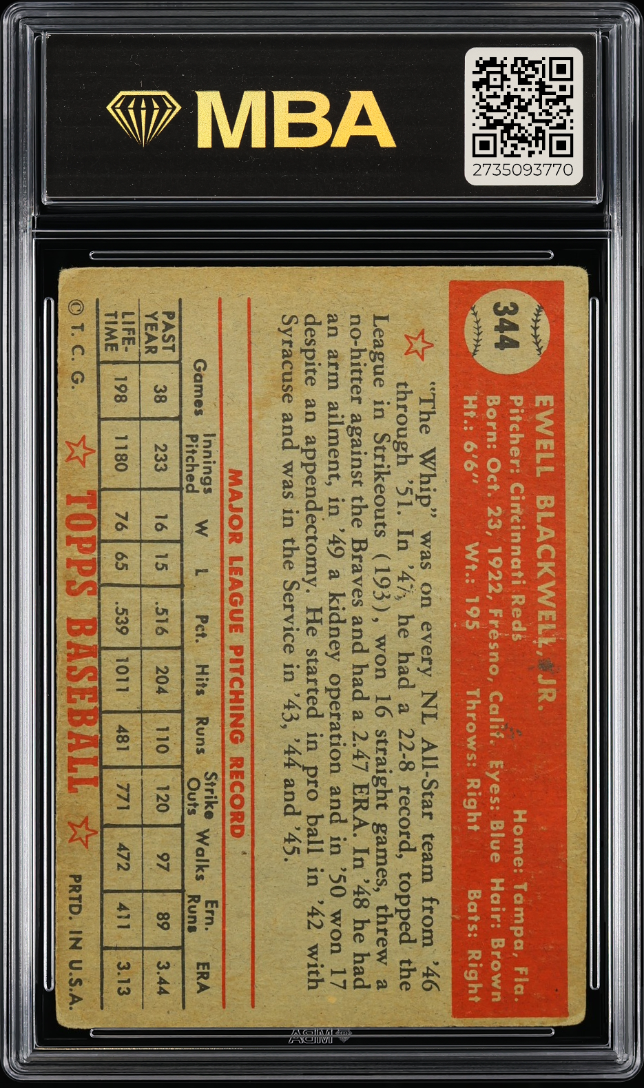 1952 Topps Ewell Blackwell #344 MBA 1