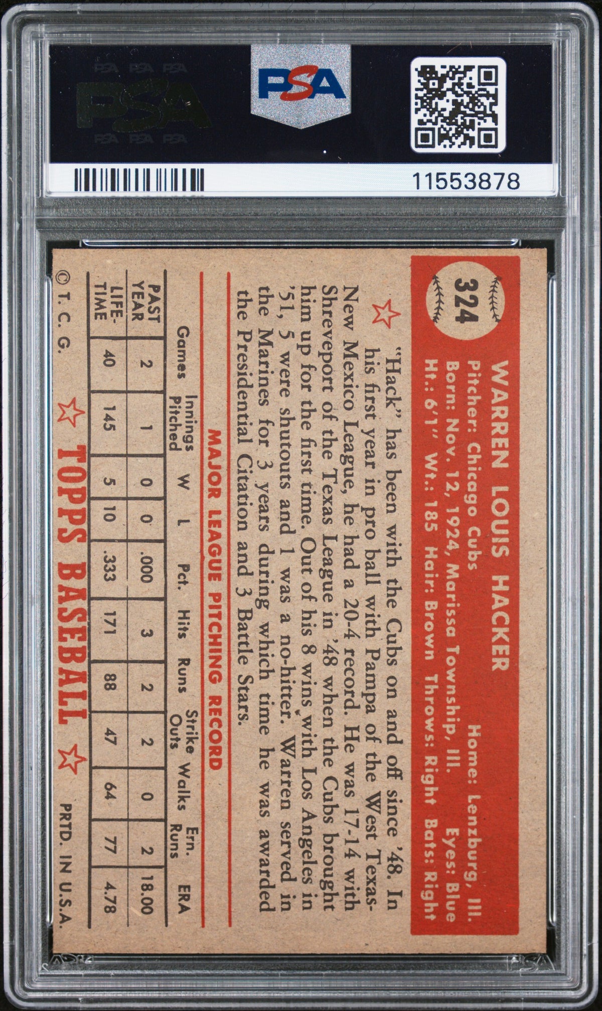 1952 Topps Warren Hacker #324 PSA 7
