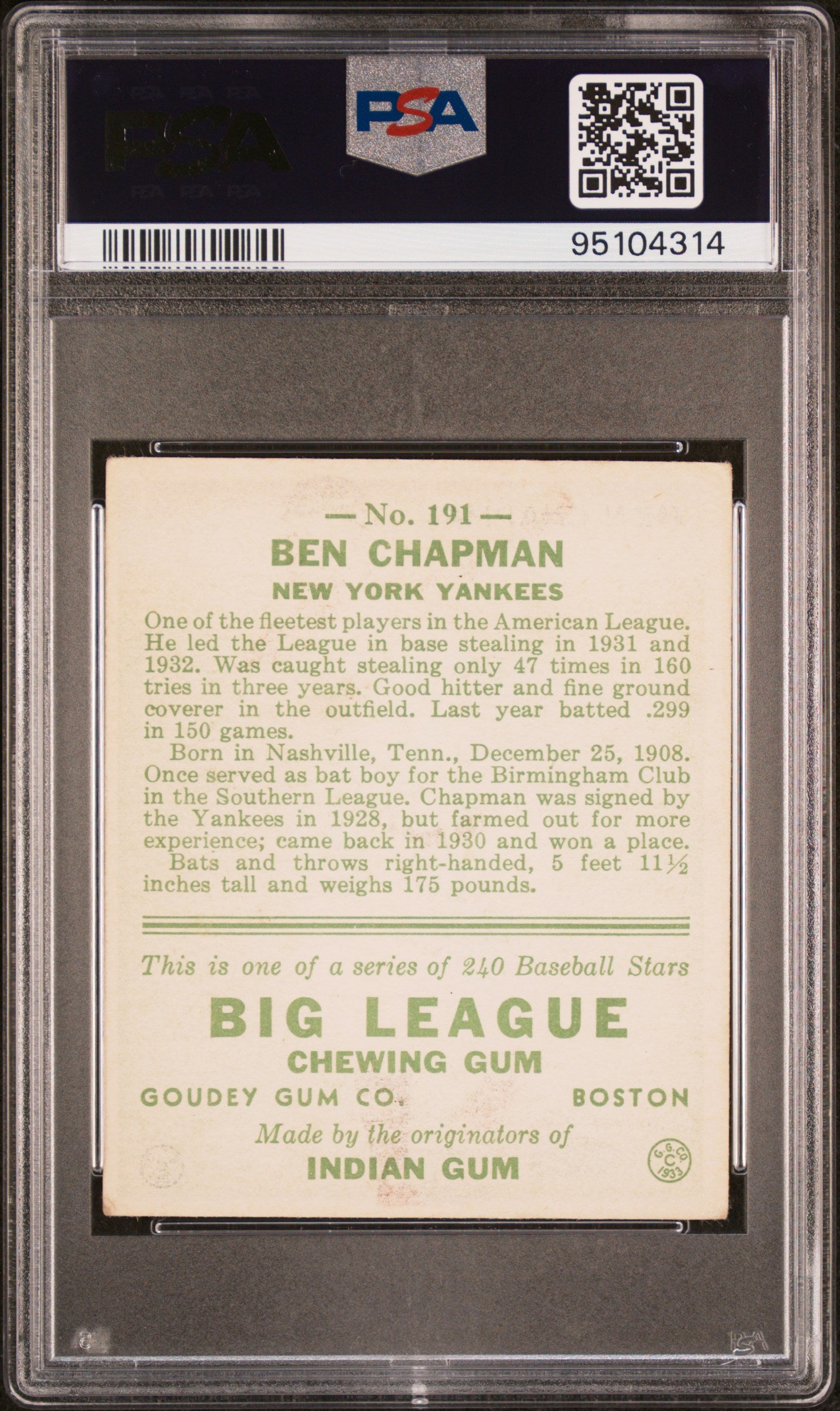 1933 Goudey Ben Chapman #191 PSA 3.5