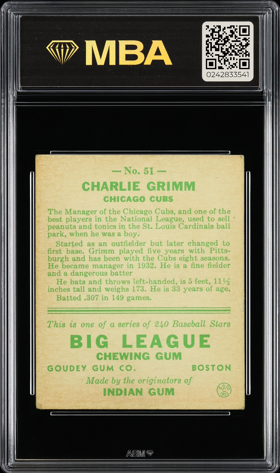 1933 Goudey Charlie Grimm #51 MBA 4