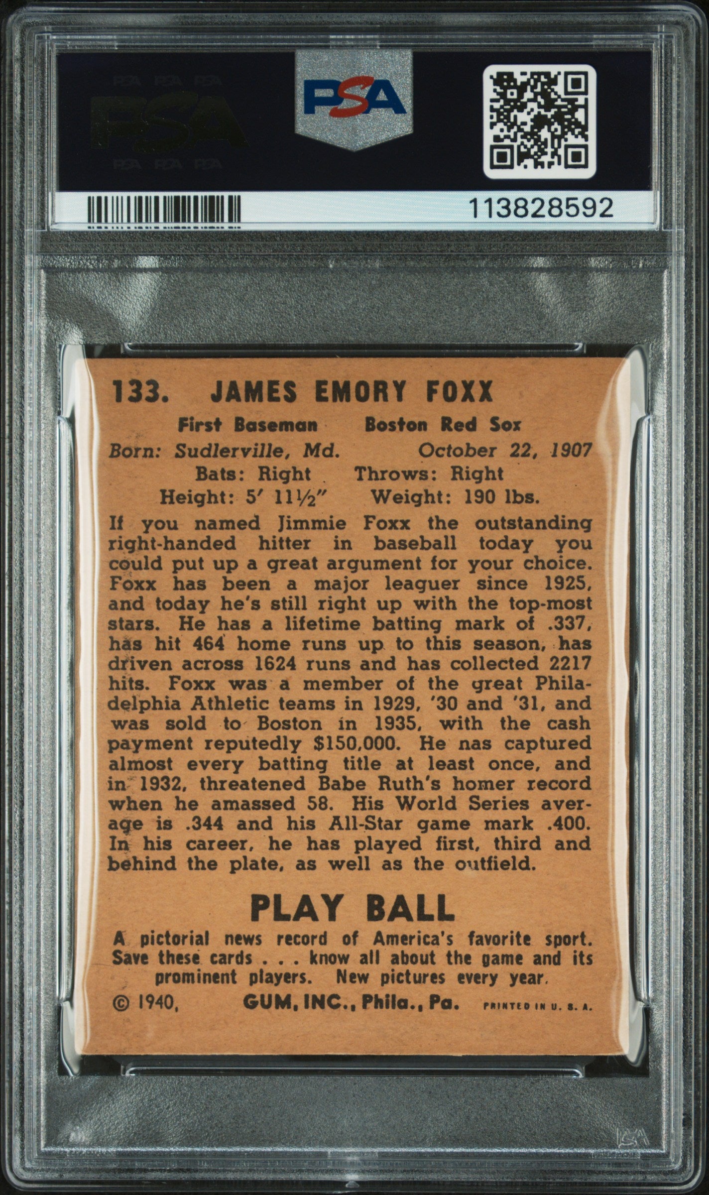 1940 Play Ball Jimmie Foxx #133 PSA 4