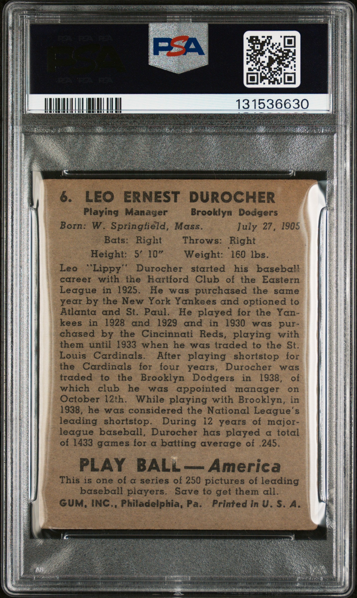 1939 Play Ball Leo Durocher #6 PSA 3 MK