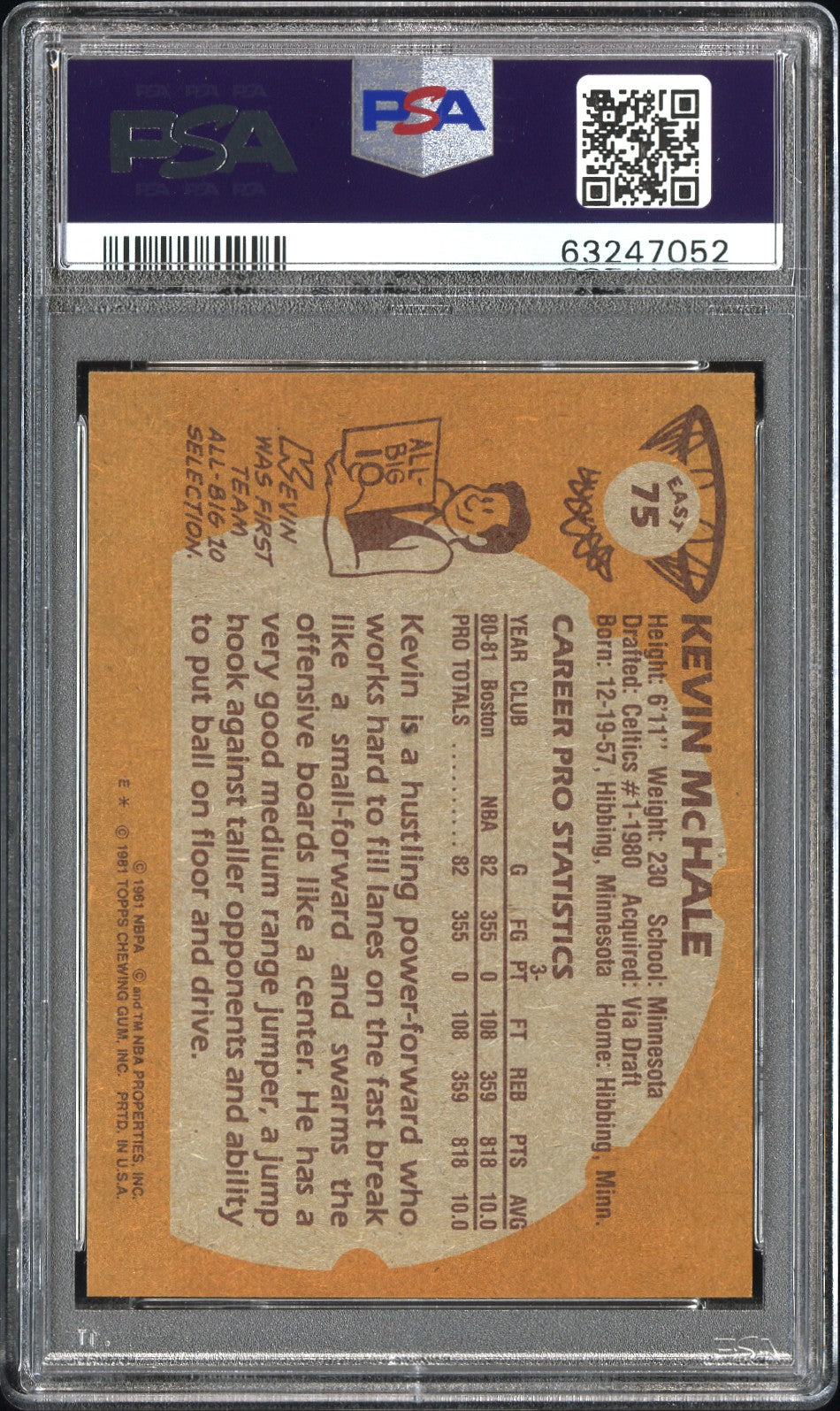 1981 Topps Kevin Mchale #75 East PSA 10 Auto A