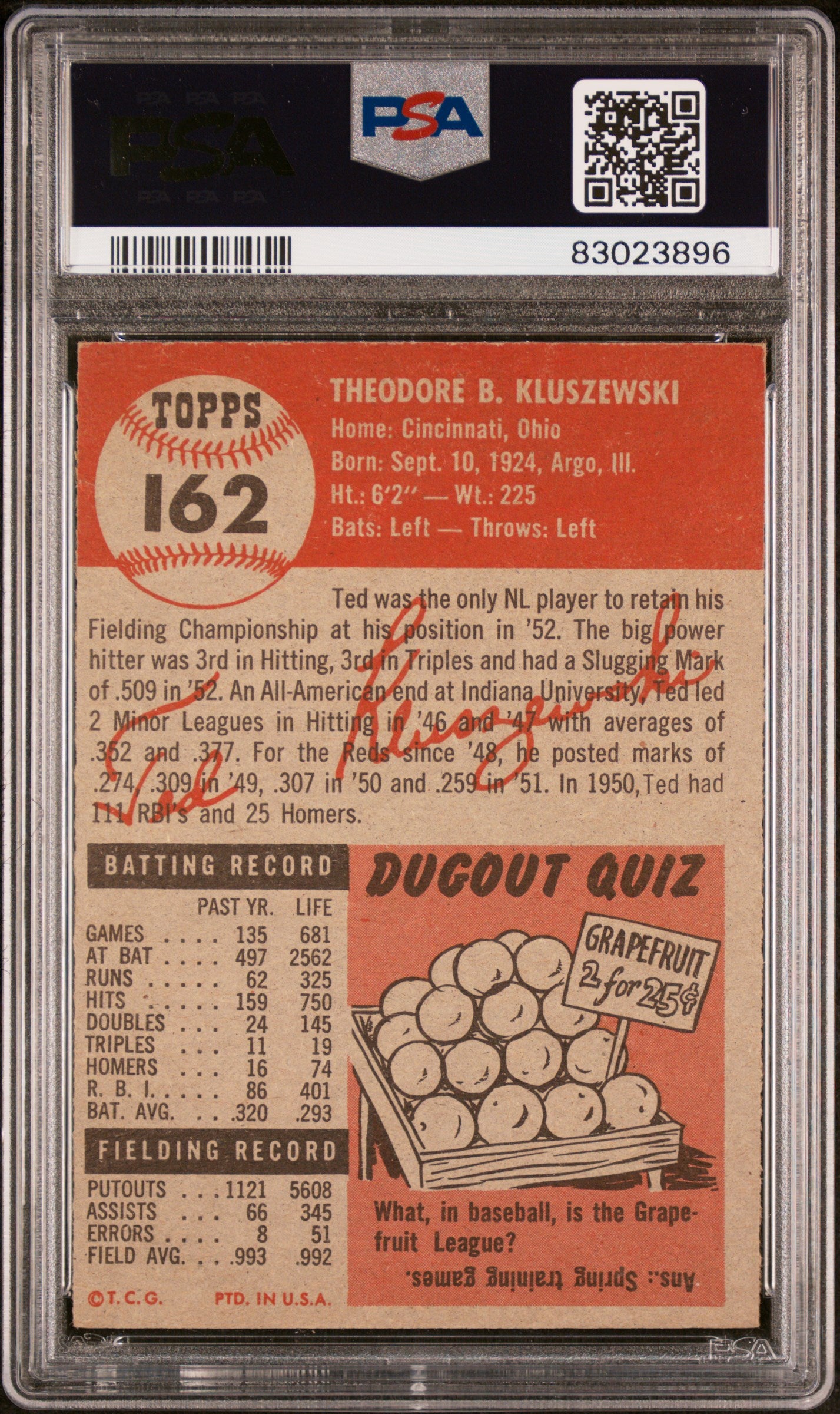 1953 Topps Ted Kluszewski #162 PSA 6