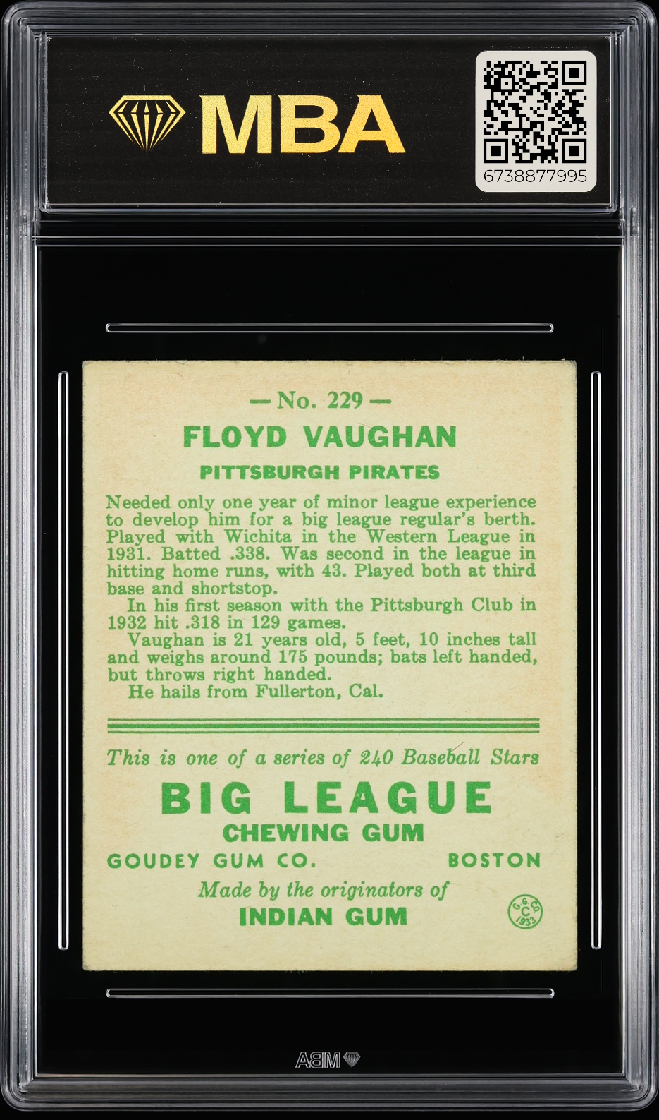 1933 Goudey Floyd Vaughan #229 MBA 3