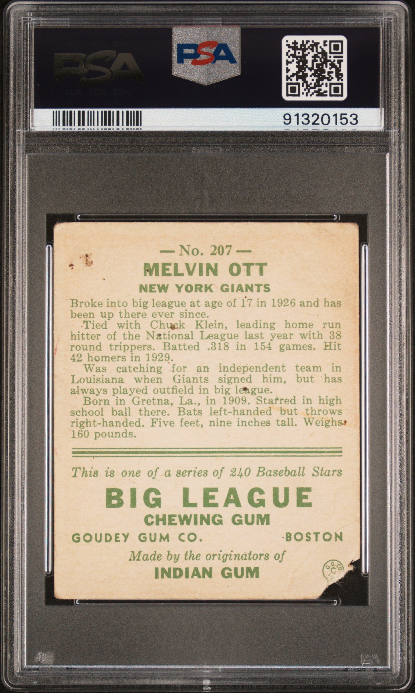 1933 Goudey Mel Ott #207 PSA 1