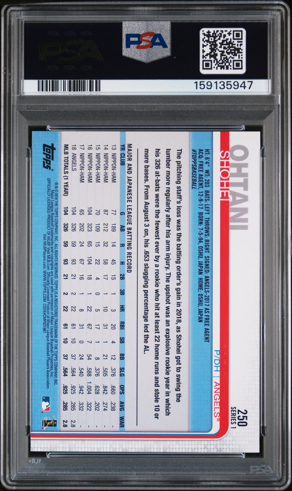 2019 Topps Shohei Ohtani #250 SP PSA 9