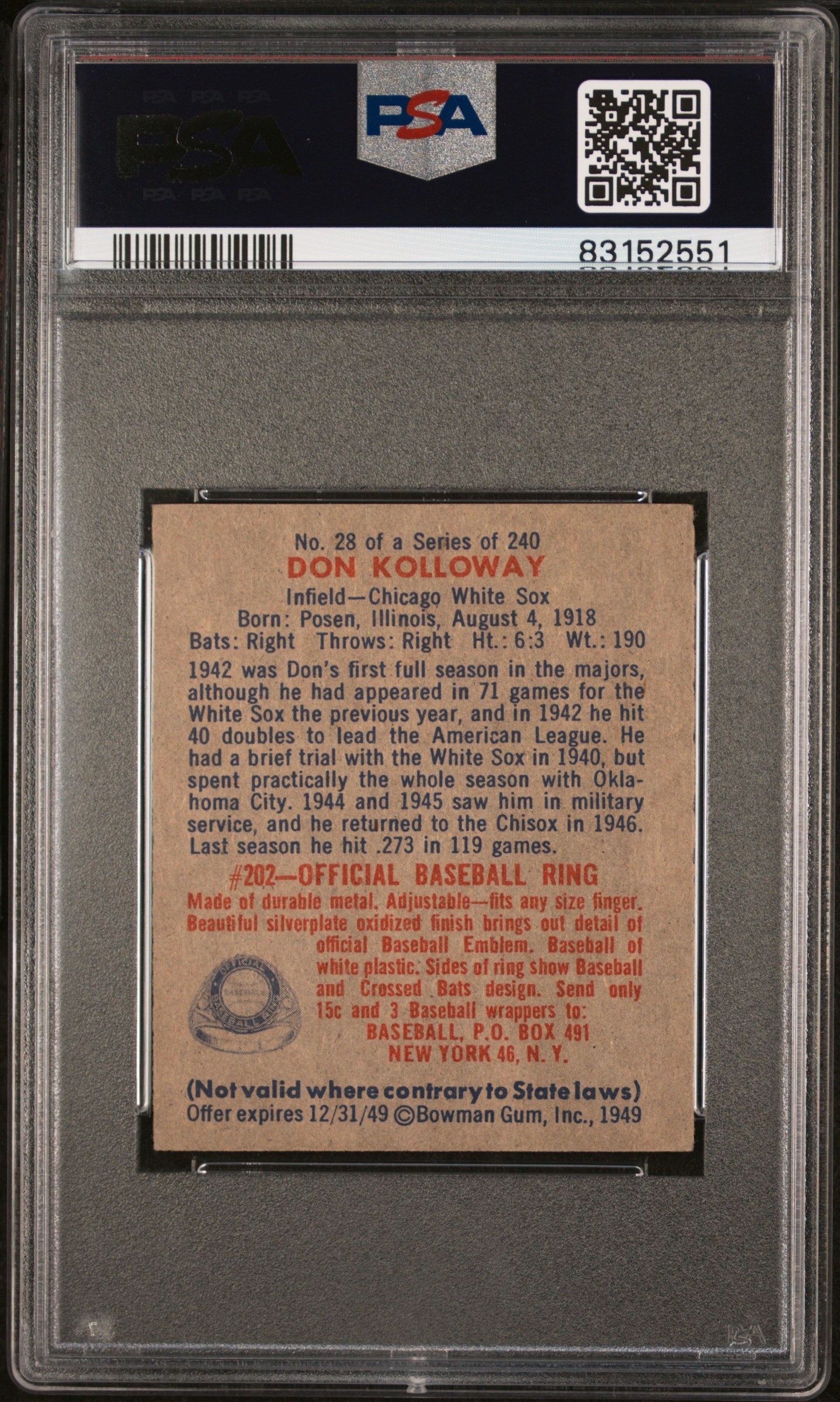 1949 Bowman Don Kolloway #28 PSA 6