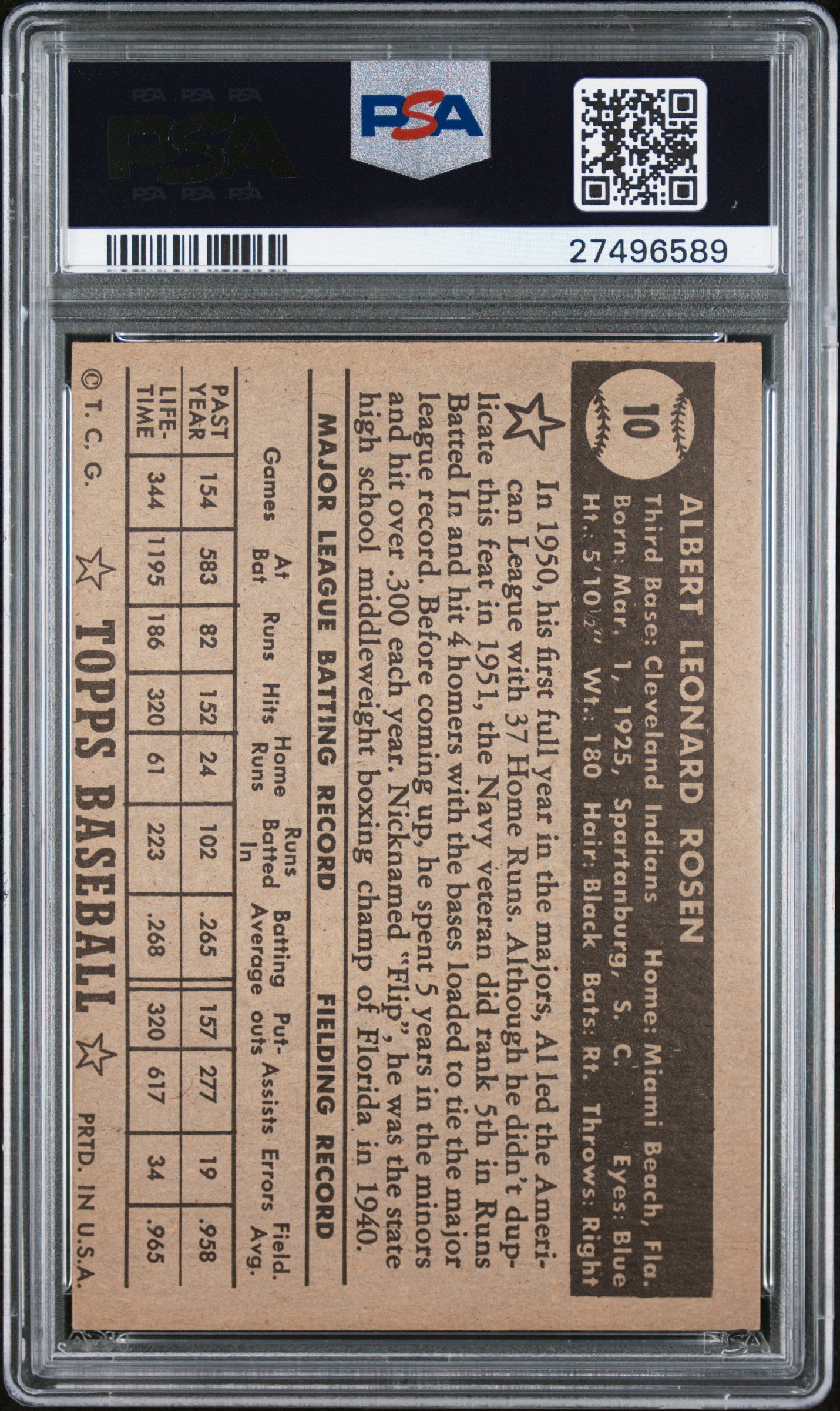 1952 Topps Al Rosen #10 Black Back PSA 7