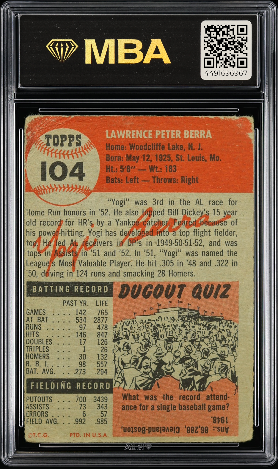 1953 Topps Yogi Berra #104 MBA 1