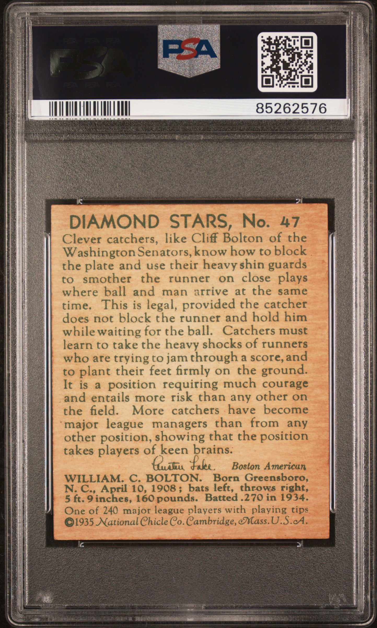 1935 Diamond Stars Cliff Bolton #47 PSA 7.5
