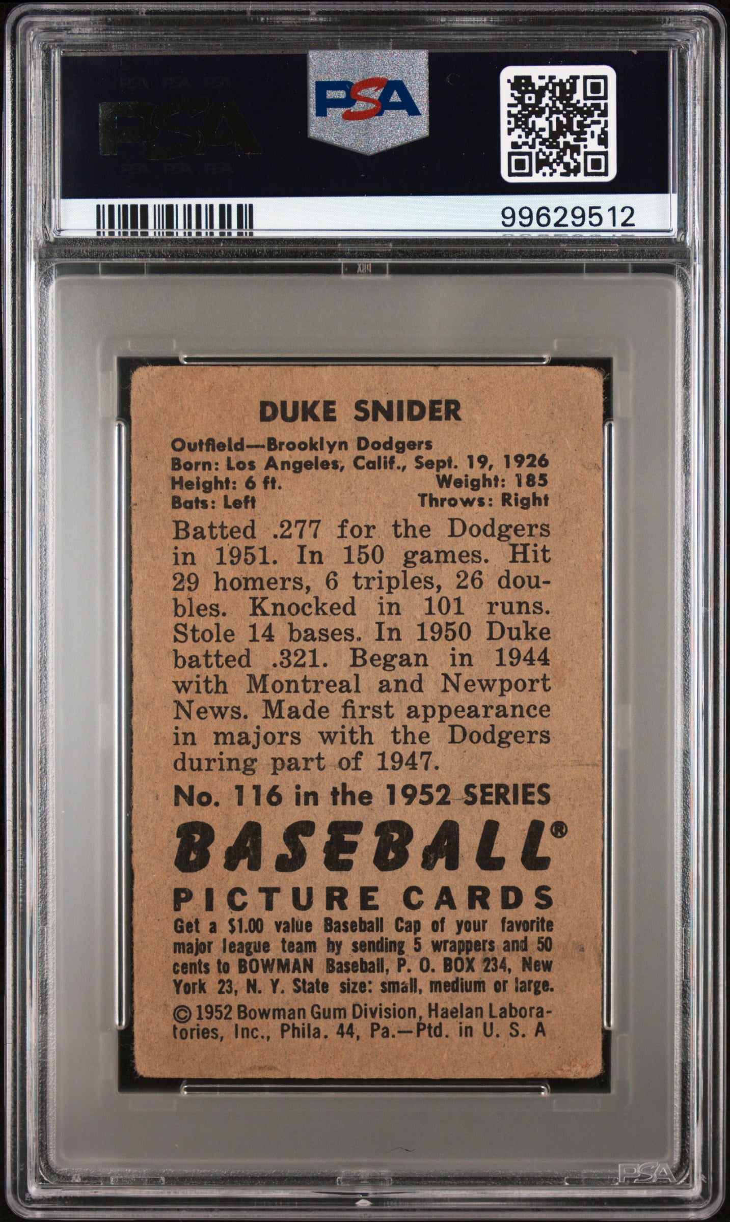 1952 Bowman Duke Snider #116 PSA 1.5